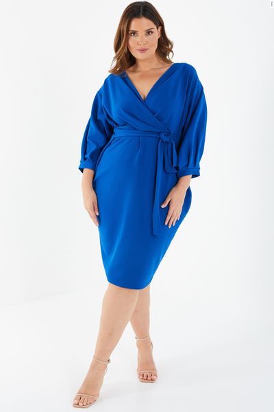 Curve Royal Blue Puff Sleeve Wrap Midi Dress